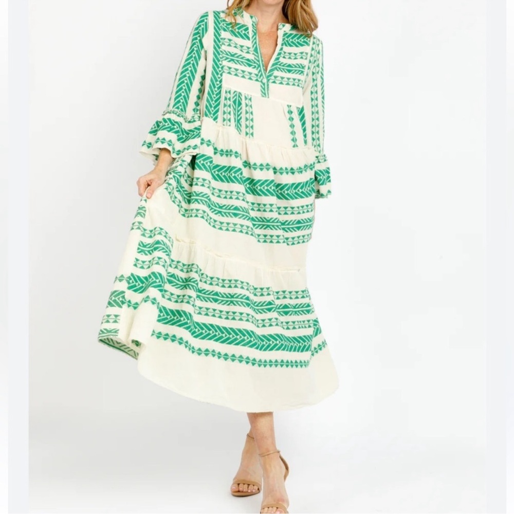 Sofia Made in Italy Green Cream Boho Aztec Print Maxi Dress One Size